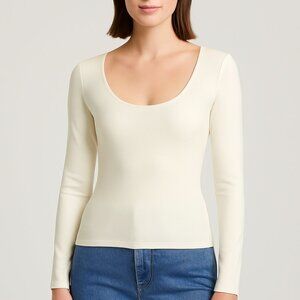 Open Edit Stretch Scoop Neck Long Sleeve Fitted Top Cream Ivory Medium